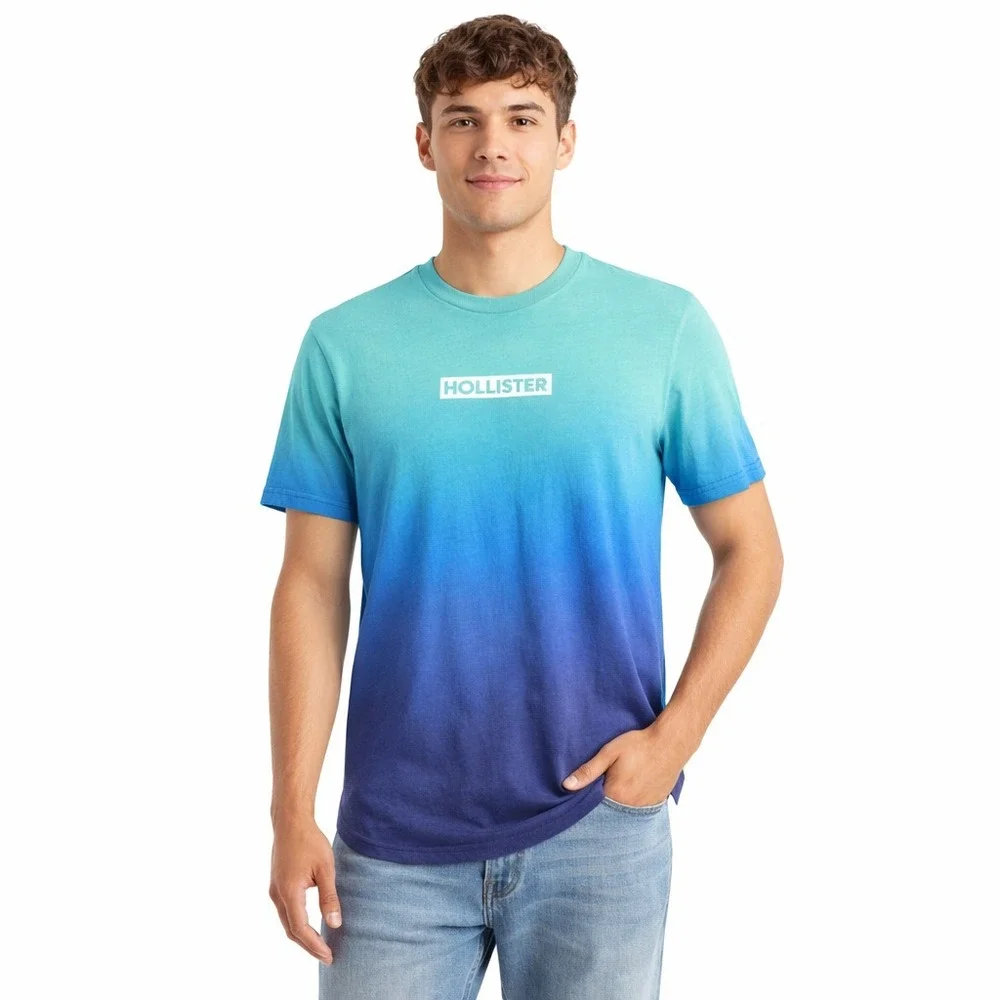 Hollister Mens Large Ombre Gradient T Shirt Blue Teal Logo Graphic Short Sleeve - Picture 2 of 11